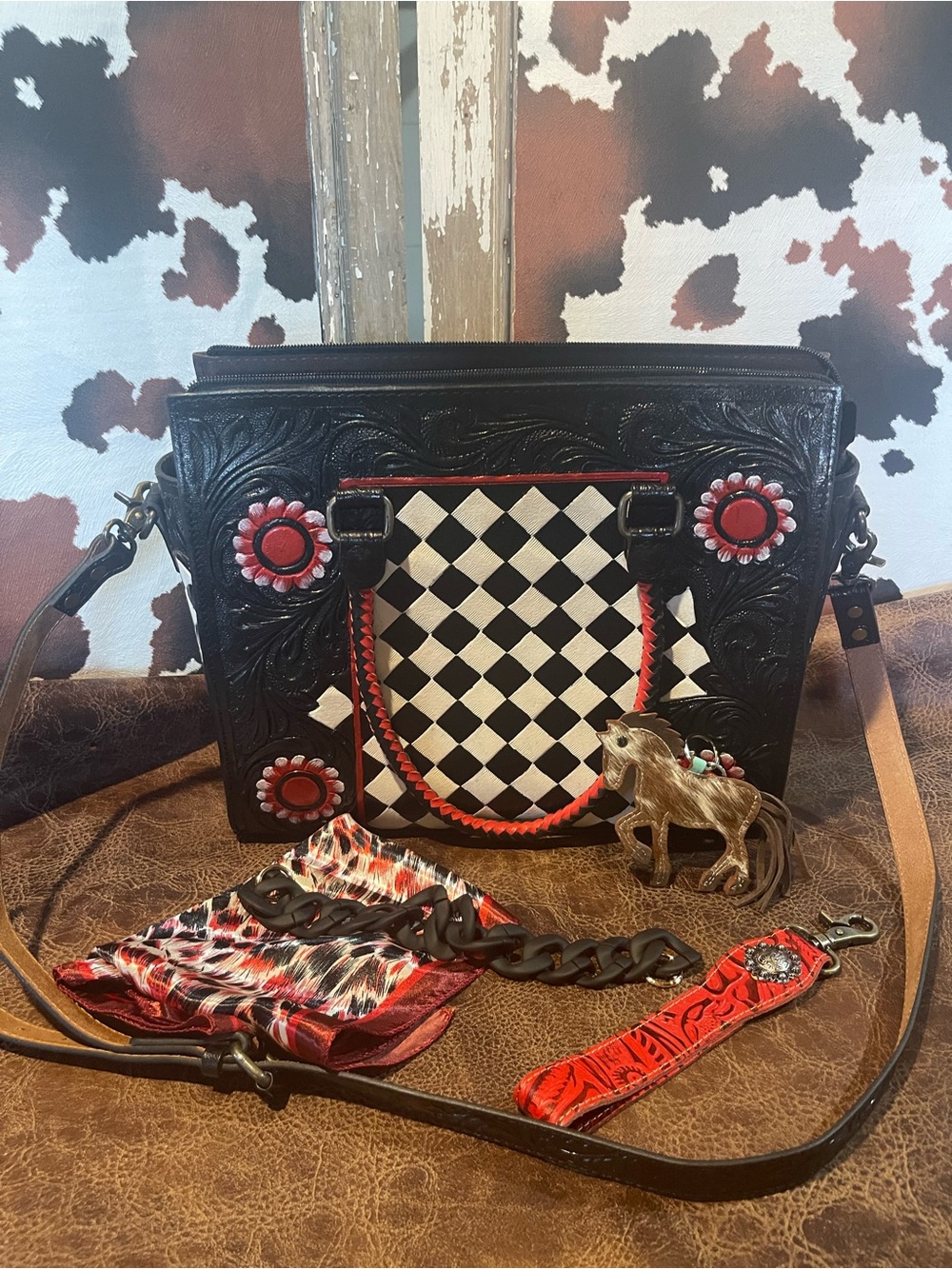 Black and White Check Tote with Red Accents - Women's Designer Style Bag